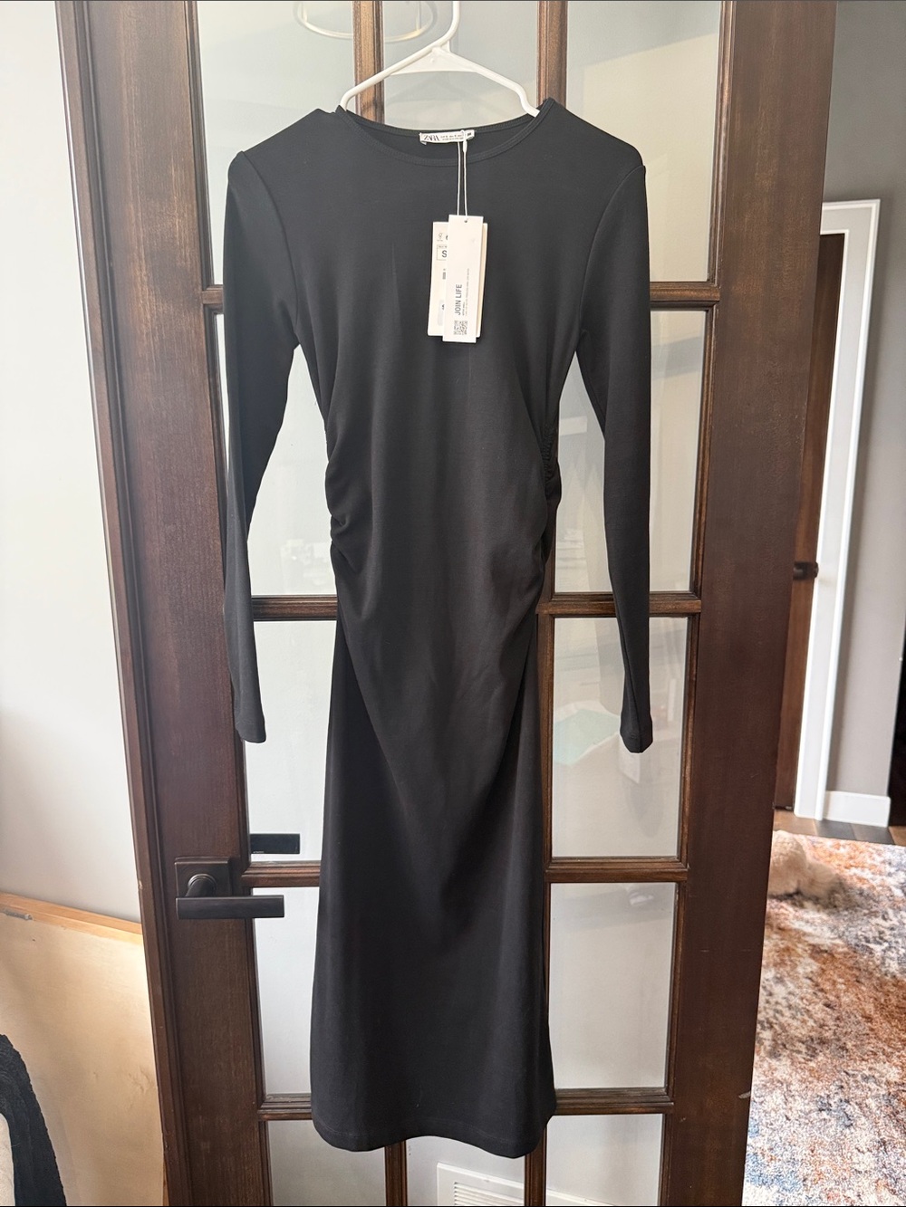 Zara Black Long Sleeve Ruched Midi Dress Small